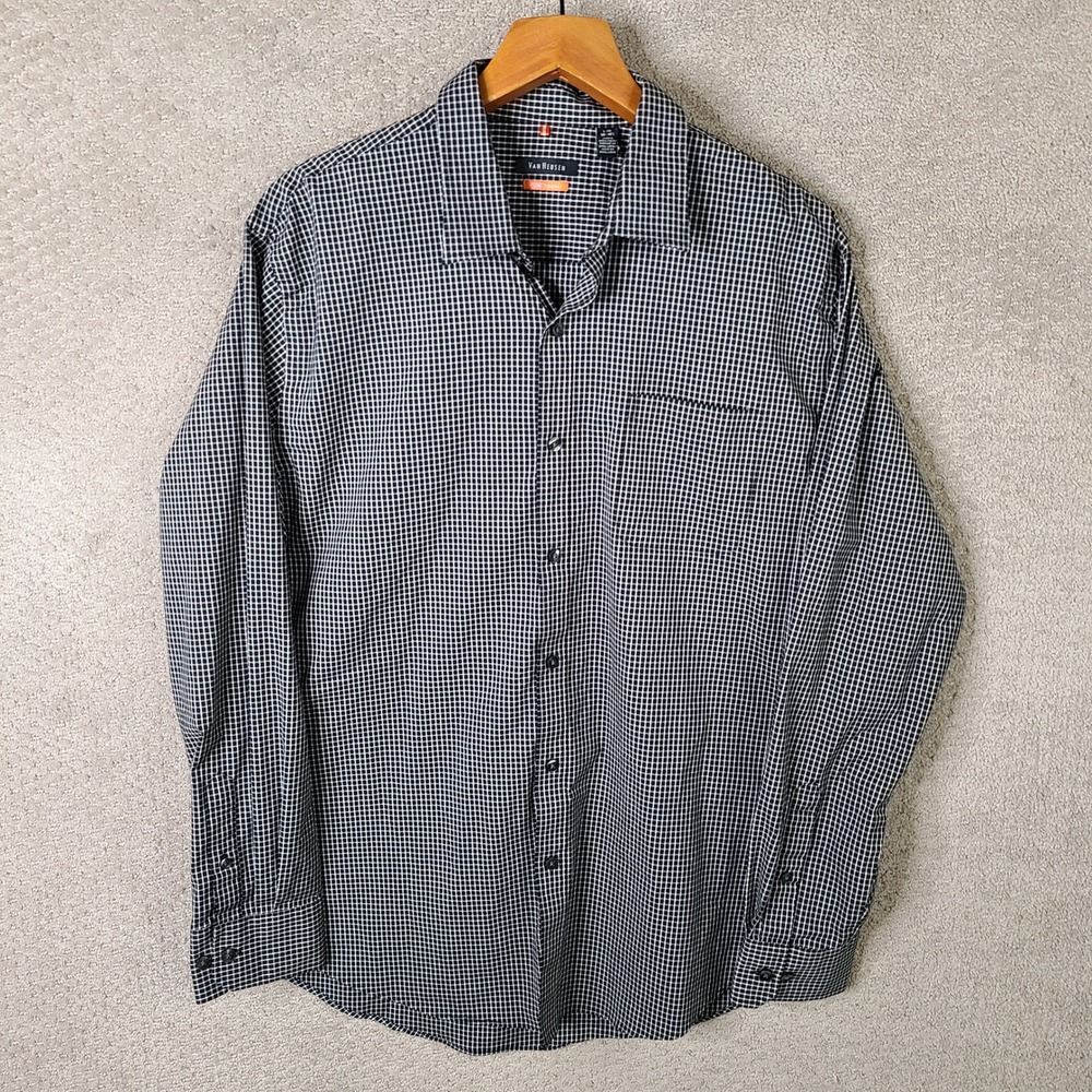 Van Heusen Shirt Mens Large Black Check Traveler Button Down Cotton Blend Casual